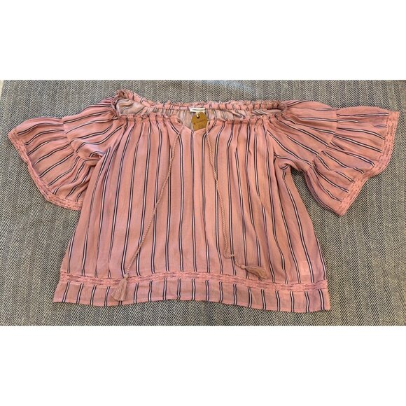 NWT American Eagle Off-The-Shoulder Pink Striped Blouse W/ Lace Details - M - Picture 1 of 11